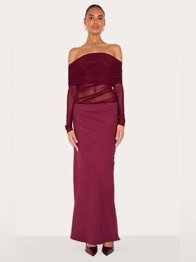 PrettyLittleThing WINE SATIN MESH DETAIL BARDOT MAXI DRESS- 12
